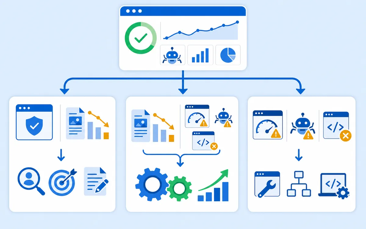 Decision tree showing when a healthy site with weak rankings needs an SEO Specialist, when technical failures need an SEO Engineer, and when combined problems require both