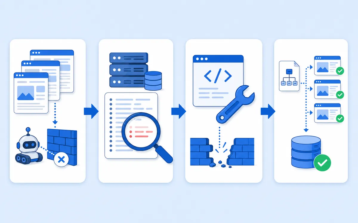 Four-step workflow showing an SEO Engineer finding a crawl barrier, analyzing server logs, repairing the code, and restoring pages to the search index