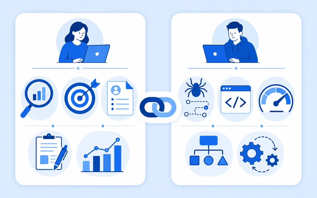 Side-by-side visual comparing an SEO Specialist's research, content, and analytics responsibilities with an SEO Engineer's crawling, code, performance, and automation responsibilities