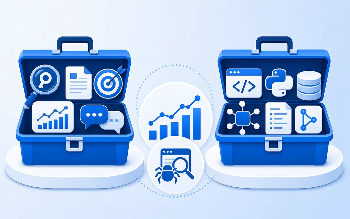 Two complementary SEO toolkits showing strategy, content, targeting, and analytics skills alongside coding, databases, APIs, logs, and version control skills