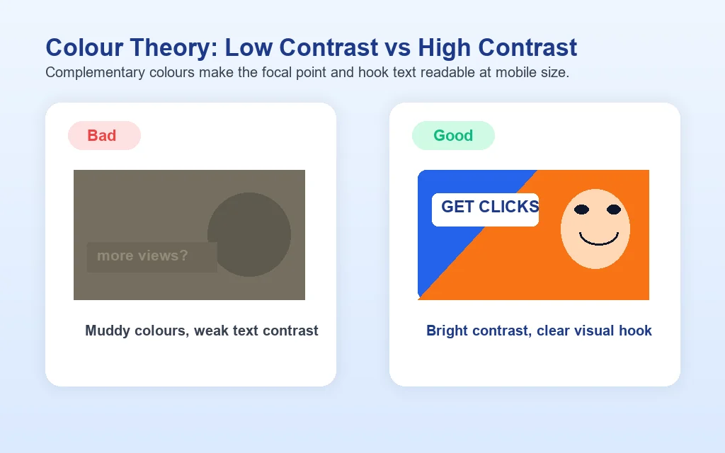 Side by side YouTube thumbnail comparison showing muddy low contrast colours versus a high contrast complementary colour design