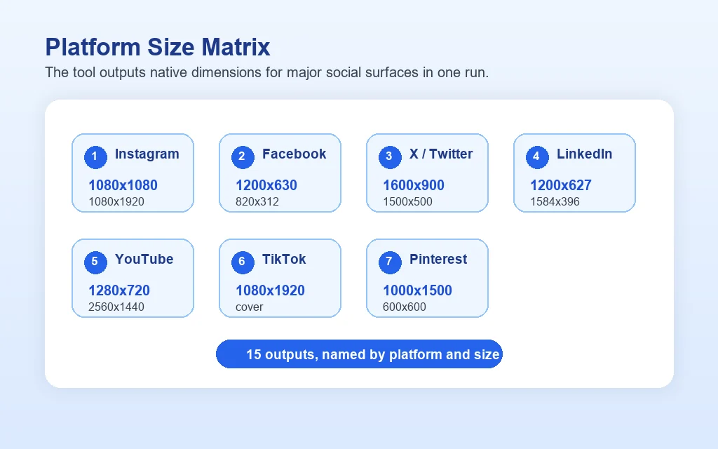 Platform size matrix listing native social media image dimensions for Instagram, Facebook, X, LinkedIn, YouTube, TikTok, and Pinterest