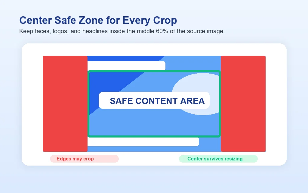 Safe zone diagram showing the center area of a social media image that survives platform crops while outer edges may be clipped